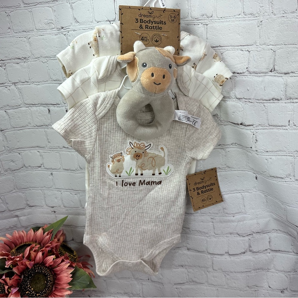 NWT dream gro 3pc infant Bodysuits & Rattle Set gender neutral farm cow ranch